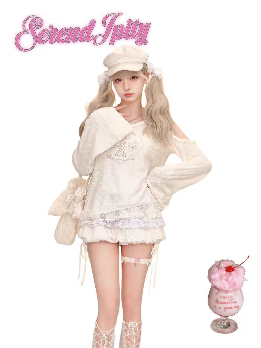Setelan 2 potong bergaya Kawai - Elastic Lace Trim ulasan dan harga
